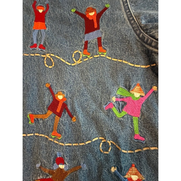 Embroidered Novelty Shacket Ice Skaters Denim Jacket Winter whimsical Teacher M - Picture 7 of 9